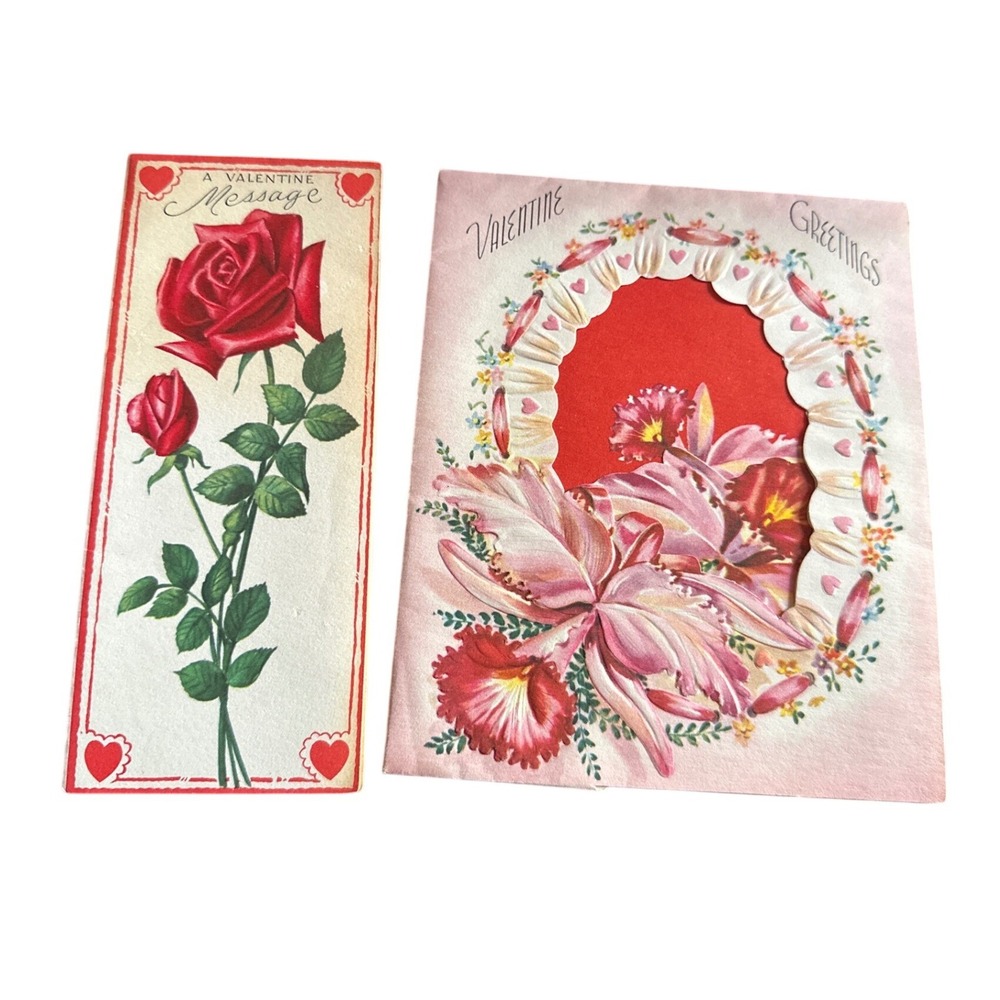 Vintage Valentine Cards Lot of 2 Rust Craft Red Rose Orchid Die Cut Ephemera